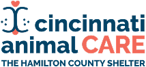 Logo for Cincinnati Animal CARE, Hamilton County Shelter, with a stylized blue paw and red heart.