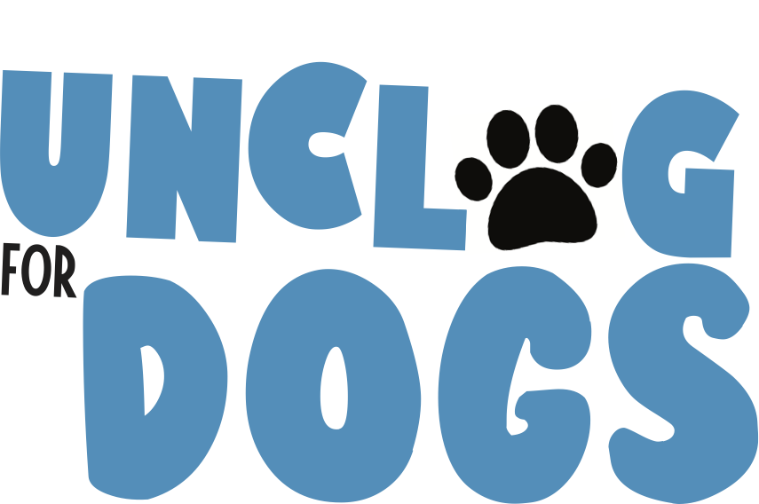 Logo with large blue letters forming 'DOGS' and a black paw print between the letters, with the word 'FOR' on the left.