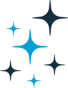 Blue and teal starburst sparkles scattered on a black background.