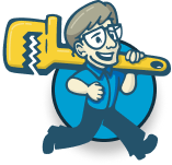 Cartoon character in blue overalls running while holding a large yellow hand saw.