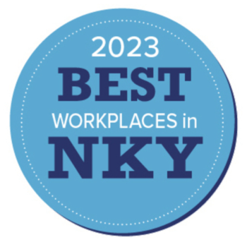 Blue circular badge reading '2023 BEST WORKPLACES in NKY' indicating an award for 2023 in NKY (Northern Kentucky).