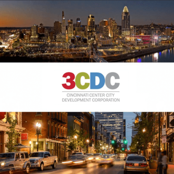 Cincinnati skyline at dusk with the 3CDC logo, followed by a bustling city street scene.