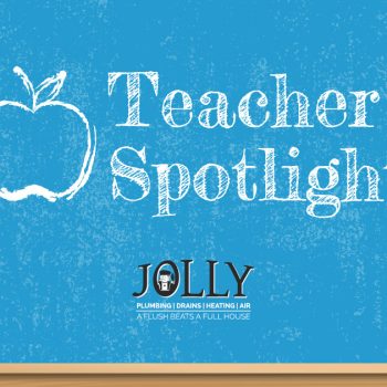 Blue chalkboard background with a white apple outline and the text 'Teacher Spotlight'; a small JOLY logo with tagline beneath.