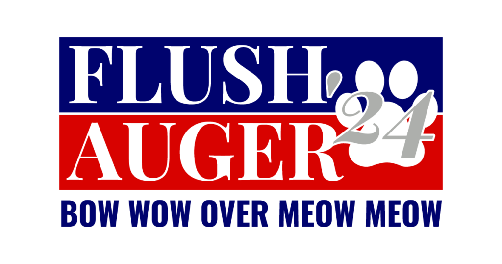 Logo-style graphic with blue top band and red bottom band reading 'FLUSH' and 'AUGER', a gray ampersand and paw print, and the slogan 'BOW WOW OVER MEOW MEOW' in blue text below.