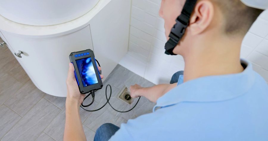 Jolly plumber using a camera to inspect a drain.