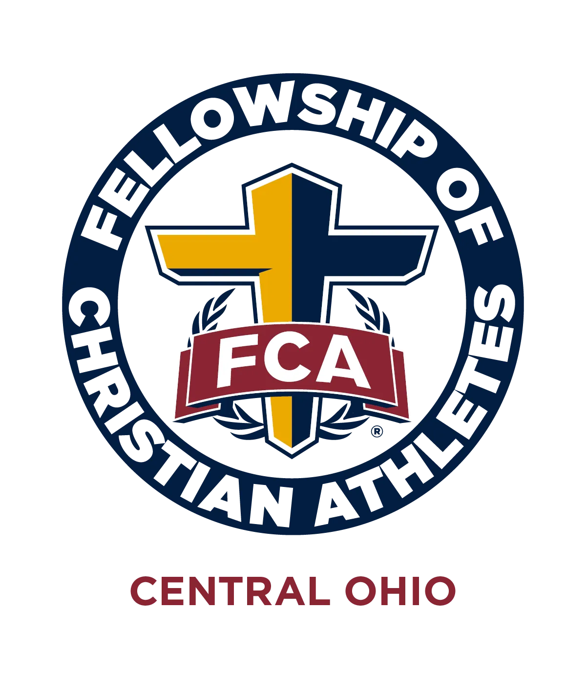 FCA logo featuring a yellow-and-navy cross with a red FCA banner, encircled by the words 'Fellowship of Christian Athletes' and 'Central Ohio'.