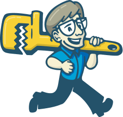 Cartoon handyman wearing blue overalls and glasses, carrying a giant yellow wrench over his shoulder as he walks forward.