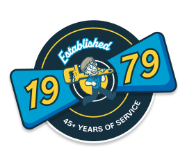 Circular badge with a cartoon sailor and wrench, flanked by blue ribbons reading 'Established 1979' and '45+ Years of Service'.