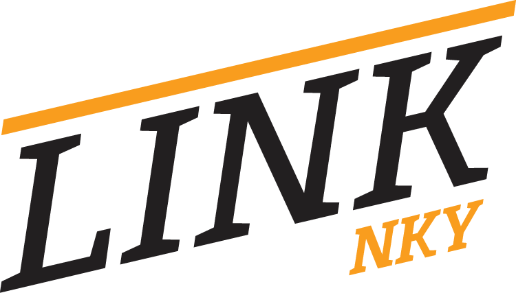 Logo reading 'LINK NKY' in bold black letters with an orange diagonal line above and orange 'NKY' lettering on the right against a black background.