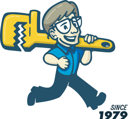 Cheerful cartoon handyman carries an oversized yellow wrench over his shoulder, ready to work