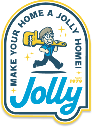 Logo badge for Jolly home services featuring a cartoon worker hammering, with the slogan 'Make your home a jolly home' and 'Since 1979'.