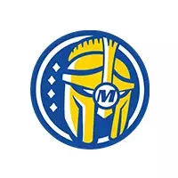 Circular blue-and-gold logo featuring a knight's helmet with an 'M' on the visor.