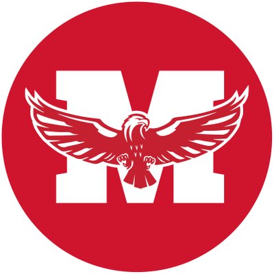 Circular red logo containing a white letter 'M' with an eagle silhouette spanning the middle of the letter.