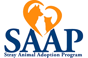 SAAP logo with orange heart-shaped graphic formed by two animal silhouettes over blue letters SAAP and the tagline 'Stray Animal Adoption Program'