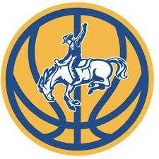 Circular logo showing a rider on a horse inside a blue basketball with a gold border.