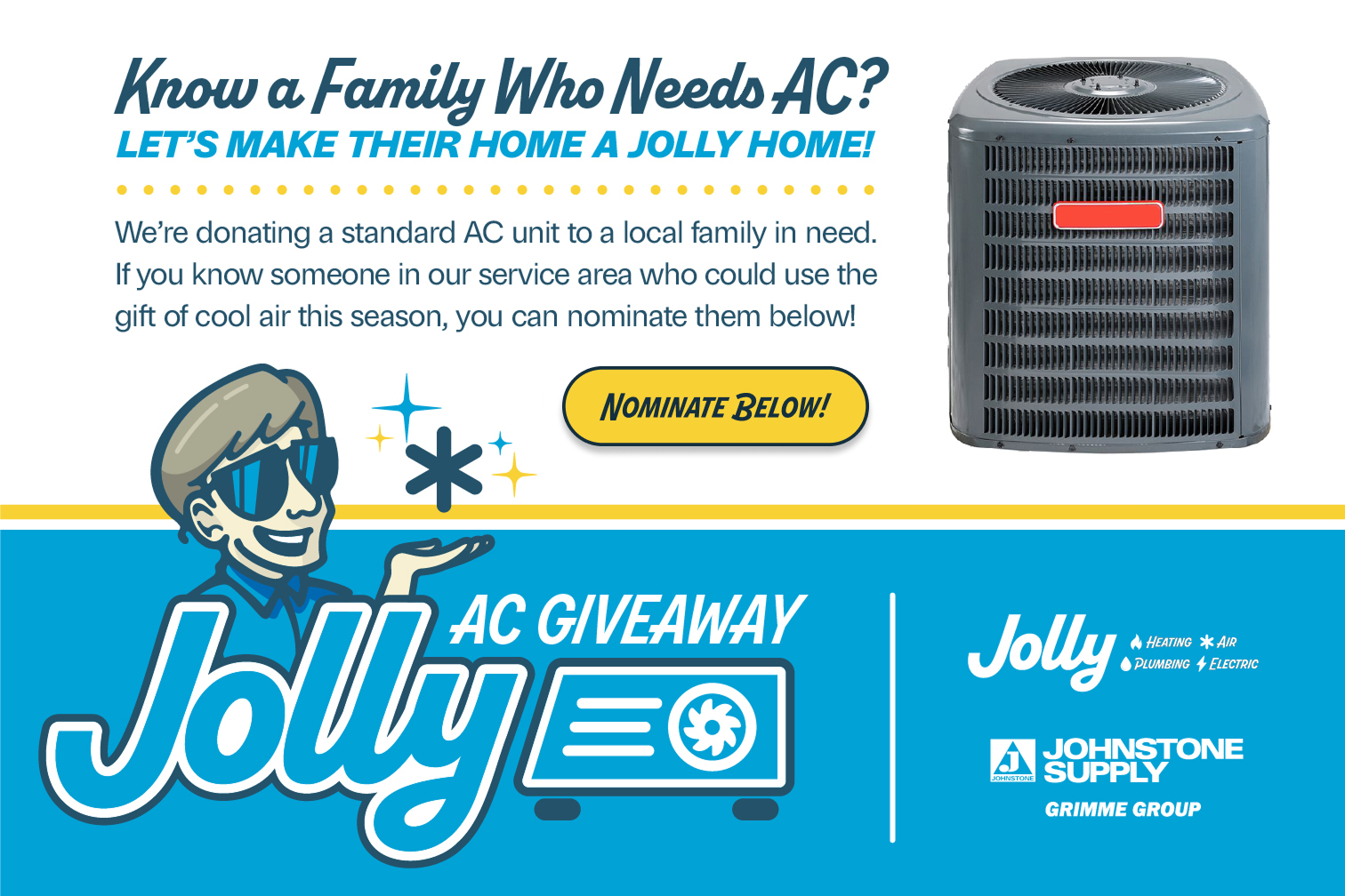 Promotional banner for an AC giveaway: inviting text, a gray air conditioner on the right, and a large blue Jolly logo at the bottom.