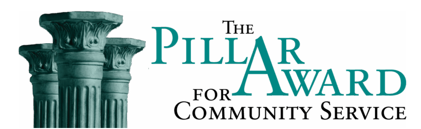 Logo for The Pillar Award for Community Service featuring teal classical columns on the left.