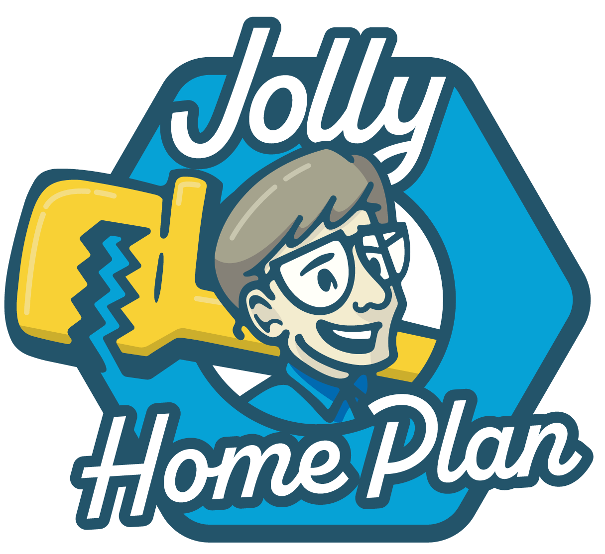Logo for Jolly Home Plan with a smiling handyman and a yellow wrench over a blue hexagonal background